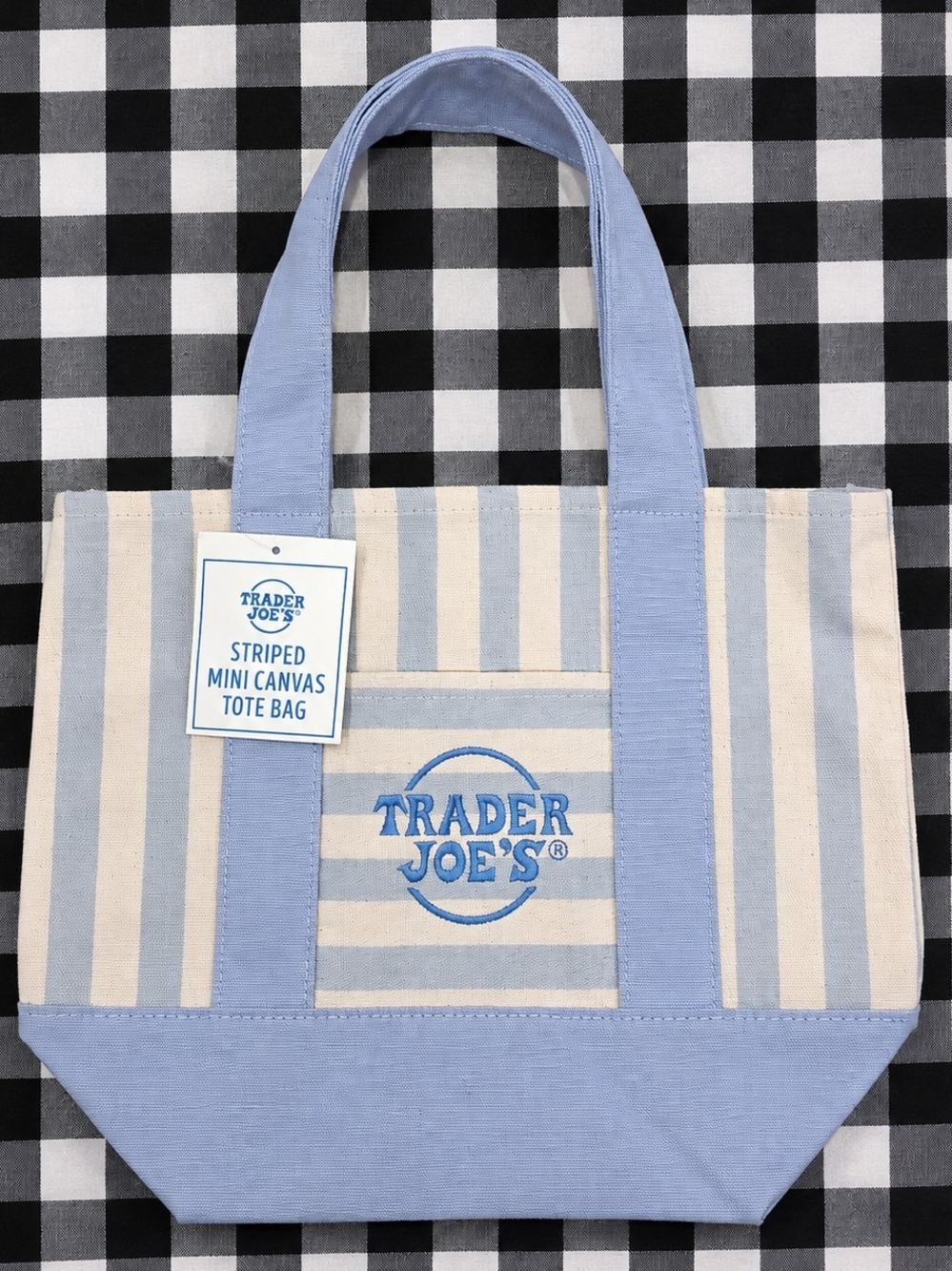 Trader Joe's Striped Mini Canvas Tote Bag Blue & White NWT
